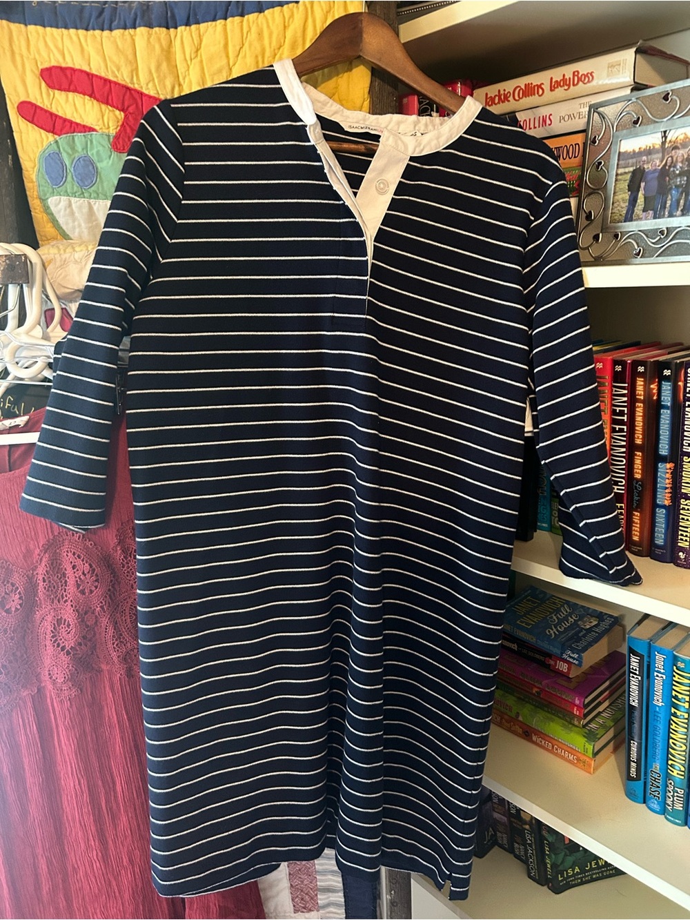 Isaac Mizrahi Navy and White Henley-Style Striped Midi Dress
